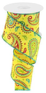 2.5"x10yd Paisley On Royal Burlap, Sun Yellow/Lime Green/Hot Pink/Turquoise  MA52