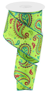2.5"x10yd Paisley On Royal Burlap, Lime Green/Hot Pink/Turquoise  MA52