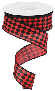 1.5"x10yd Small Harlequin On Royal Burlap, Red/Black  JY16