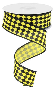 1.5"x10yd Small Harlequin On Royal Burlap, Yellow/Black  JY16