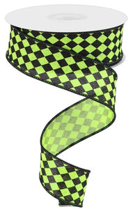 1.5"x10yd Small Harlequin On Royal Burlap, Lime Green/Black  JY16