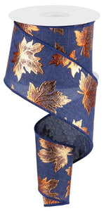 2.5"x10yd Foil Maple Leaf On Royal Burlap, Navy Blue/Copper  JL6