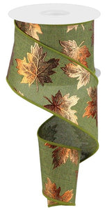 2.5"x10yd Foil Maple Leaf On Royal Burlap, Fern Green/Moss Green/Copper  JL4