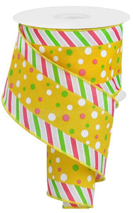 2.5"x10yd Multi Polka Dots w/Multi Stripes On Pongee Fabric, Yellow/White/Spring Green/Pink  MA43