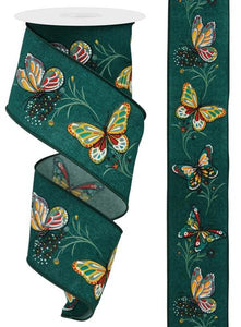 2.5"x10yd Butterfly w/Branches On Pongee Fabric, Dark Teal/Yellow/Hot Pink/Purple/Green  MA44