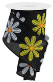 2.5"x10yd Faux Embroidery Daisy On Royal Burlap, Black/White/Yellow/Orange  MA43