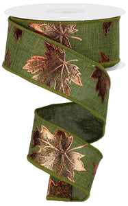 1.5"x10yd Foil Maple Leaf On Royal Burlap, Fern/Moss Green  OT3