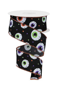 1.5"x10yd Eyeballs On Pongee Fabric, White/Black/Purple/Lime Green/Orange  JL9