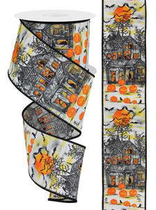 2.5"x10yd Haunted House w/Pumpkins On Pongee Fabric, Ivory/Orange/Yellow/Grey/Black  JL6
