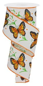 2.5"x10yd Monarch Butterfly w/Daises On Diagonal Weave, Ivory/Dark Orange/Yellow/Green/White  MA70
