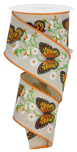 2.5"x10yd Monarch Butterfly w/Daises On Royal Burlap, Cream/Dark Orange/Yellow/Green/White  AP6