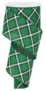 2.5"x10yd Diagonal Dash Check On Faux Royal Burlap, Emerald Green/Black/White  MA71