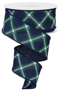 1.5"x10yd Diagonal Dash Check On Faux Royal Burlap, Navy Blue/Emerald Green/White  MA76