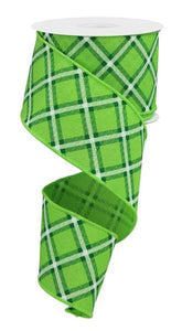 2.5"x10yd Diagonal Dash Check On Faux Royal Burlap, Fresh Green/Emerald Green/White  MA72