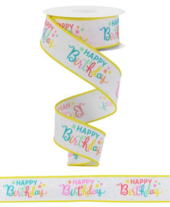 1.5"x10yd Happy Birthday Script On Diagonal Weave, White/Peach/Pink/Teal Blue  MA73