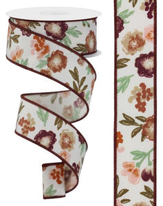 1.5"x10yd Soft Florals On Diagonal Weave, Ivory/Sage Green/Pale Pink/Burgundy/Tan/Brown  MA98