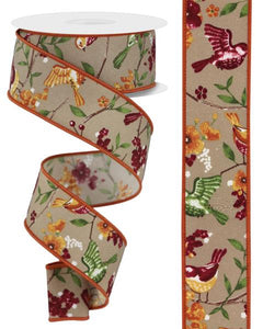 1.5"x10yd Birds w/Floral Branches On Diagonal Weave, Beige/Orange/Green/Burgundy/Cranberry/White/Yellow  MA99