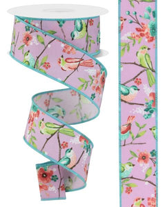1.5"x10yd Birds w/Floral Branches On Diagonal Weave, Pale Lavender/Spring Green/Turquoise/Rose/Brown  MA99