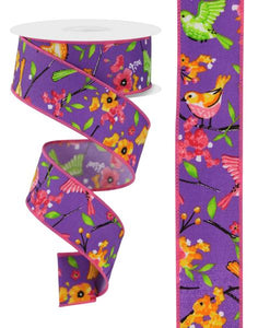 1.5"x10yd Birds w/Floral Branches On Diagonal Weave, Purple/Lime Green/Hot Pink/Orange/Yellow/White  MA98