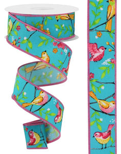 1.5"x10yd Birds w/Floral Branches On Diagonal Weave, Turquoise/Orange/Pink/Yellow/Spring Green/White  MA98