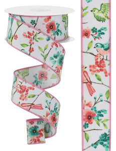 1.5"x10yd Birds w/Floral Branches On Diagonal Weave, White/Light Aqua/Spring Green/Turquoise/Pink/Peach  MA98