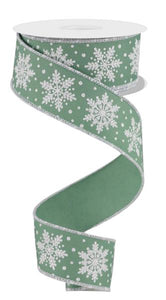 1.5"x10yd Snowflake On Royal Burlap, Sage Green/White  OT4