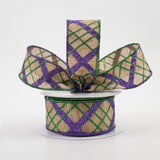 1.5"x10yd Glitter Diagonal Plaid Stripes On Metallic Ribbon, Emerald Green/Purple/Antique Gold  DC7