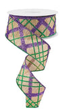 1.5"x10yd Glitter Diagonal Plaid Stripes On Metallic Ribbon, Emerald Green/Purple/Antique Gold  DC7