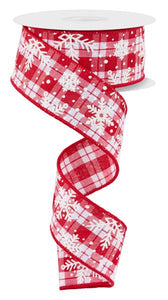 1.5"x10yd Multi Snowflake On Woven Fabric, White/Red  AP16