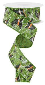 1.5"x10yd Witch Hats And Spiders On Canvas, Moss Green/Grey/Orange  AP16