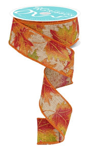 1.5"x10yd Leaves w/Glitter On Cross Check, Red/Green/Orange/Yellow/Gold  JY24