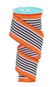 2.5"x10yd Vertical Stripe w/Polka Dot Edge, White/Black/Orange  AP31