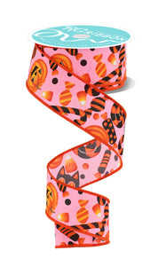 1.5"x10yd Pumpkins w/Cats and Candy On Royal Burlap, Light Pink/Orange/Black/White  AP14