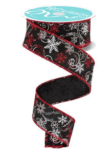 1.5"x10yd Snowflakes And Swirls, Black/White/Red/Silver  JY25