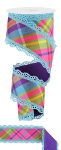2.5"x10yd Diagonal Plaid w/Fused Back And Lace Trim, Hot Pink/Yellow/Lime/Turquoise  MA103