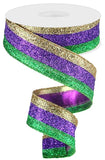 1.5"x10yd 3 Color 3 In 1 Mardi Gras Glitter, Gold/Purple/Emerald Green  DC2