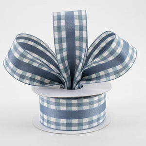 1.5"x10yd Mini Gingham w/Center Stripe Ribbon, Smoke Blue/White  JY28D