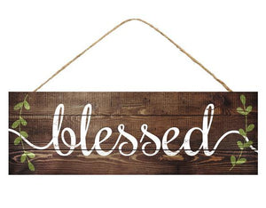 15"L X 5"H Blessed w/Leaf Vines Sign, White/Green/Brown - KRINGLE DESIGNS