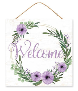 10"SQ Welcome Floral Wreath Glitter Sign, White/Lavender/Green/Black  WS2