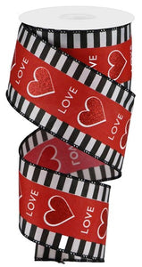 2.5"x10yd Glitter Heart/Love/Stripe, Black/Red/White  F60