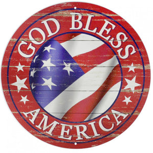 12" Round Metal God Bless America Sign, Antique Red/White/Blue  WS5