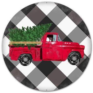 12" Round Metal Vintage Truck w/Bold Plaid, Red/White/Grey/Green  WS5