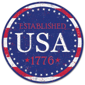 12"Round Metal USA Est.1776 Sign, Royal Blue/White/Red  WS5