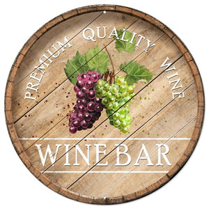 12" Round Wine Barrel Metal Sign, Tan/Grape/Green/White  WS5
