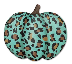 12"L Embossed Leopard Spot Pumpkin Metal Sign, Teal/Black/Tan  WS4