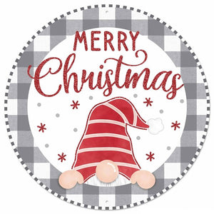 12" Round Metal w/Glitter Christmas Gnome Sign, Red/White/Lime  WS5