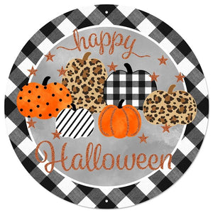 12" Round Halloween Pumpkins Metal Sign, Orange/Black/White/Gold/Brown  WS5
