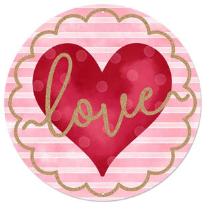 12"Round Metal w/Glitter Love/Heart Sign, Pale Pink/Red/White/Gold  WS5