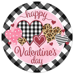 12" Round Metal Happy Valentine's Day Sign, Black/White/Pale Pink/Gold/Brown  WS5