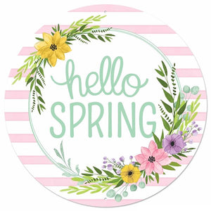 12" Round Metal Hello Spring Floral Wreath Sign, White/Pink/Mint Green/Green/Yellow  WS5